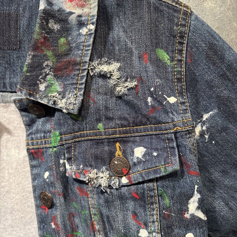 Jean Jacket Hand Painted Embellished Miami Cityscape Pocket One of A Kind - Picture 6 of 16